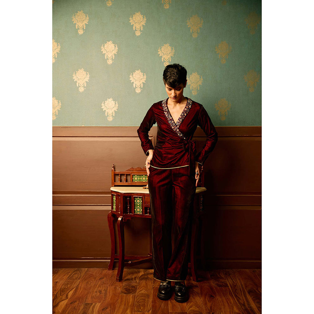 REETI ARNEJA Maroon Sangria Velvet Front Tie Knot Jumpsuit