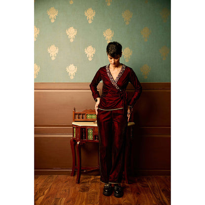REETI ARNEJA Maroon Sangria Velvet Front Tie Knot Jumpsuit