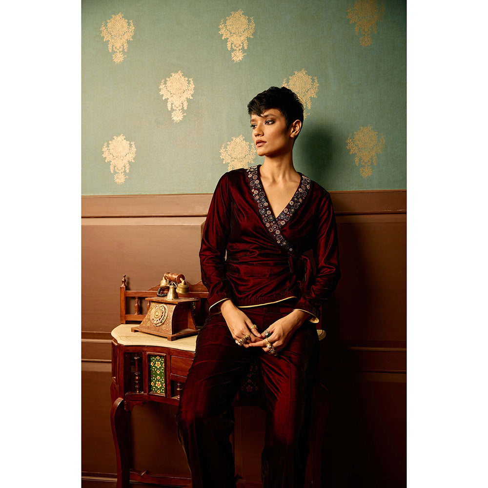 REETI ARNEJA Maroon Sangria Velvet Front Tie Knot Jumpsuit