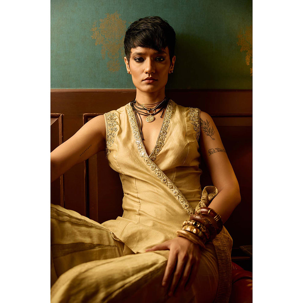 REETI ARNEJA Pastel Beige Serenity Peplum Top with Sharara (Set of 2)