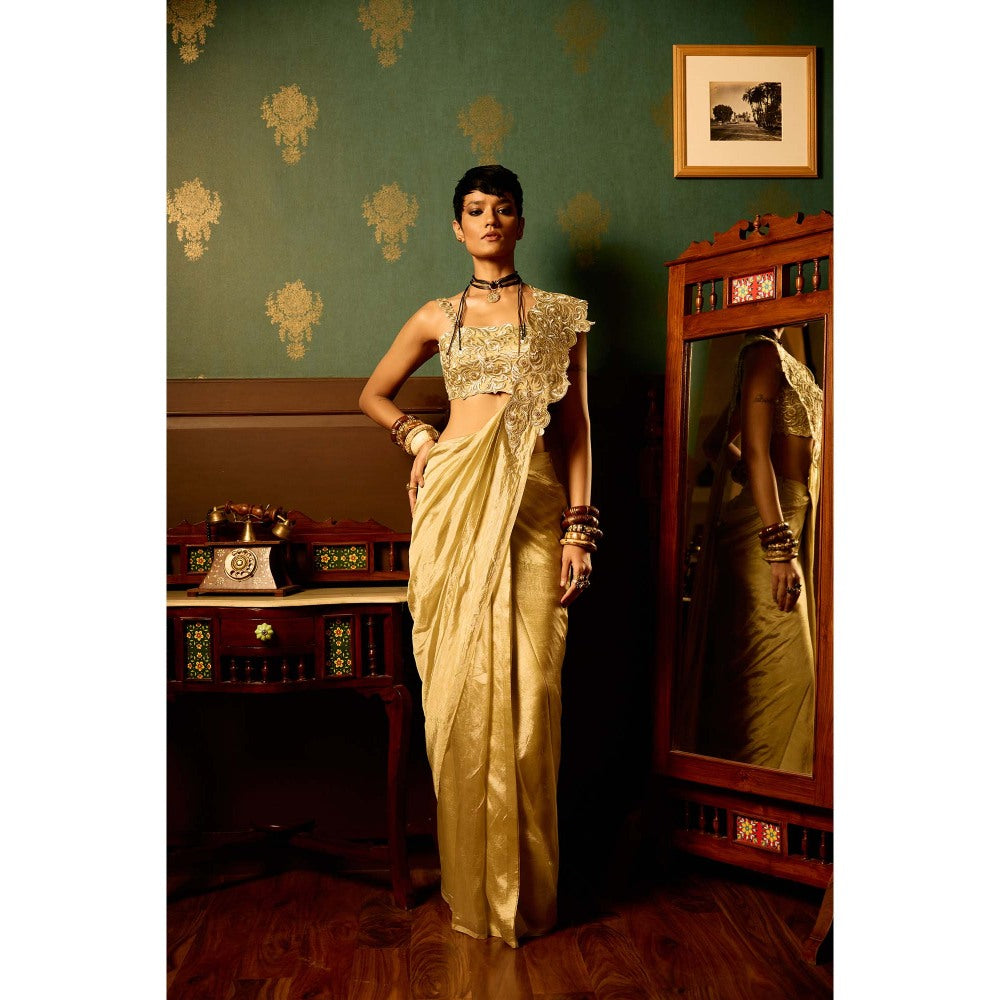REETI ARNEJA Pastel Beige Bloom Pre-Drape Saree with Stitched Blouse