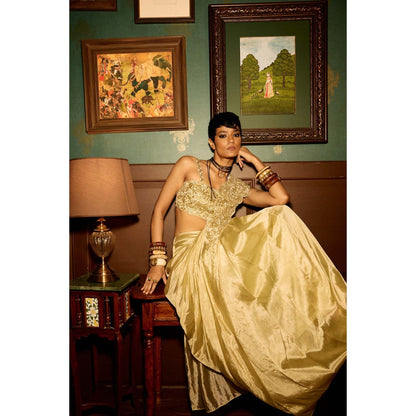 REETI ARNEJA Pastel Beige Bloom Pre-Drape Saree with Stitched Blouse