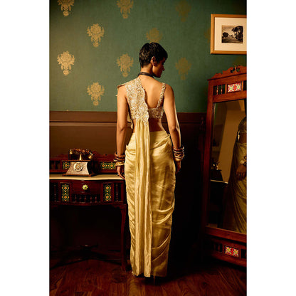 REETI ARNEJA Pastel Beige Bloom Pre-Drape Saree with Stitched Blouse