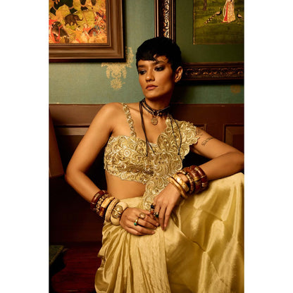 REETI ARNEJA Pastel Beige Bloom Pre-Drape Saree with Stitched Blouse