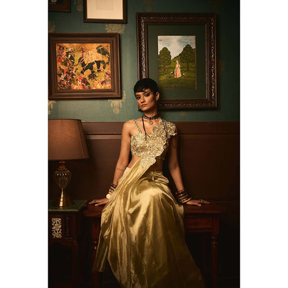 REETI ARNEJA Pastel Beige Bloom Pre-Drape Saree with Stitched Blouse