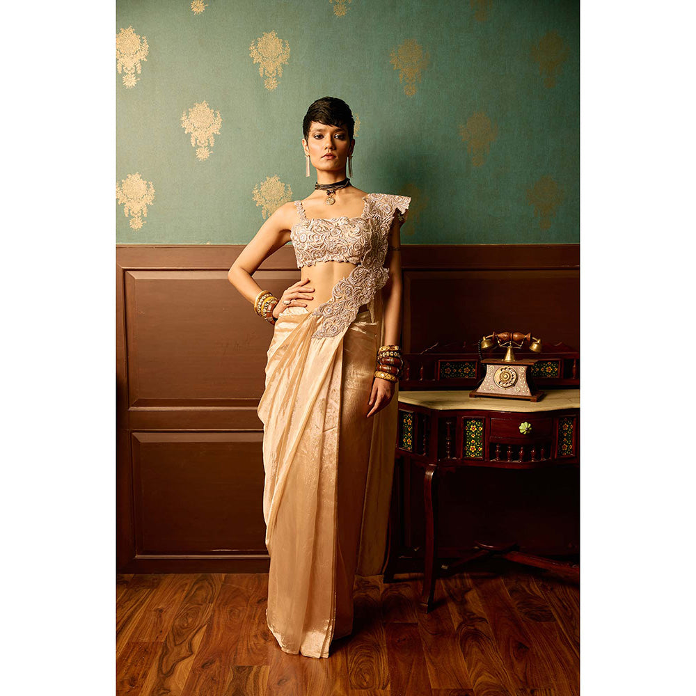 REETI ARNEJA Baby Pink Bloom Pre-Drape Saree with Stitched Blouse