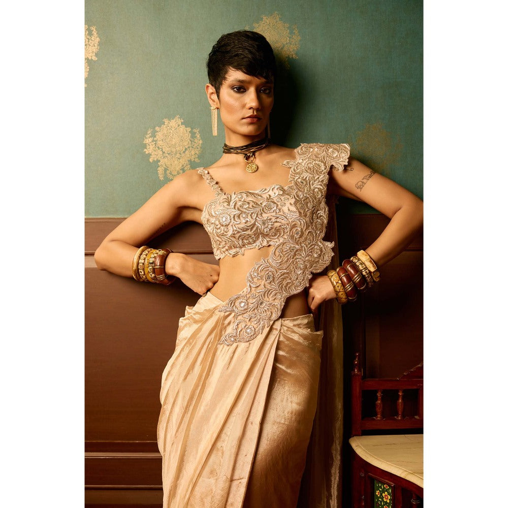 REETI ARNEJA Baby Pink Bloom Pre-Drape Saree with Stitched Blouse