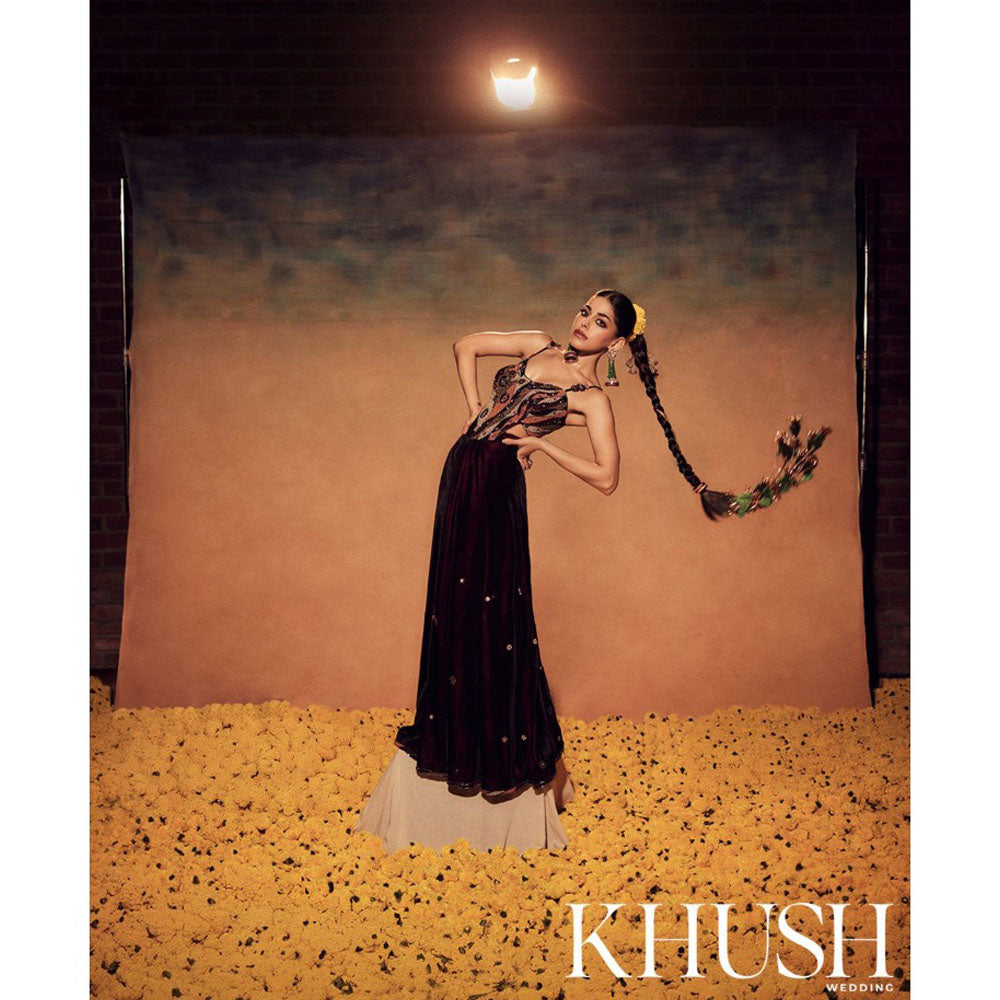 REETI ARNEJA Maroon Ranges Corset Blouse with Skirt and Dupatta (Set of 3)