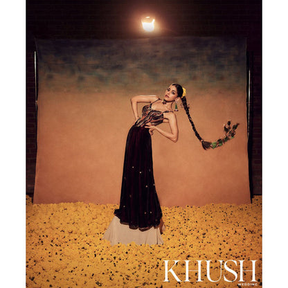 REETI ARNEJA Maroon Ranges Corset Blouse with Skirt and Dupatta (Set of 3)