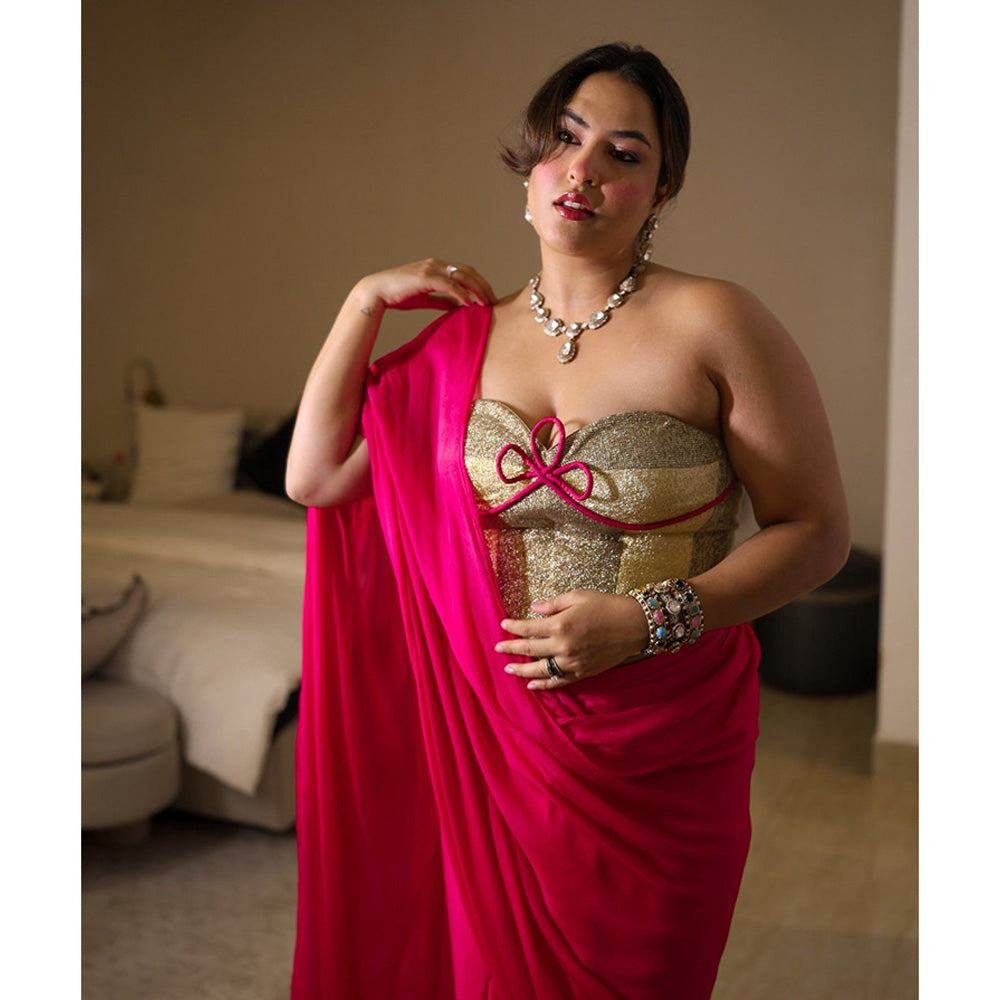 REETI ARNEJA Pink Cosmo Pre-Draped Saree with Stitched Blouse