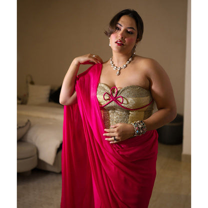 REETI ARNEJA Pink Cosmo Pre-Draped Saree with Stitched Blouse