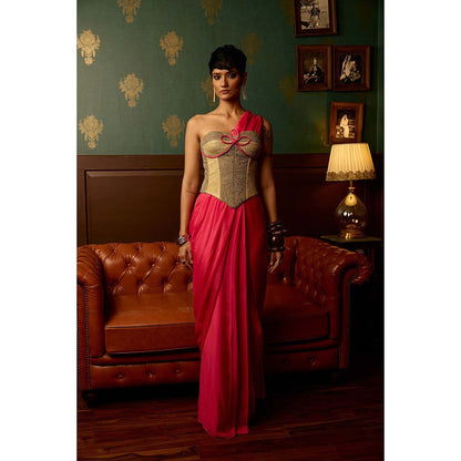 REETI ARNEJA Pink Cosmo Pre-Draped Saree with Stitched Blouse