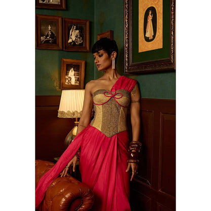 REETI ARNEJA Pink Cosmo Pre-Draped Saree with Stitched Blouse