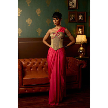 REETI ARNEJA Pink Cosmo Pre-Draped Saree with Stitched Blouse