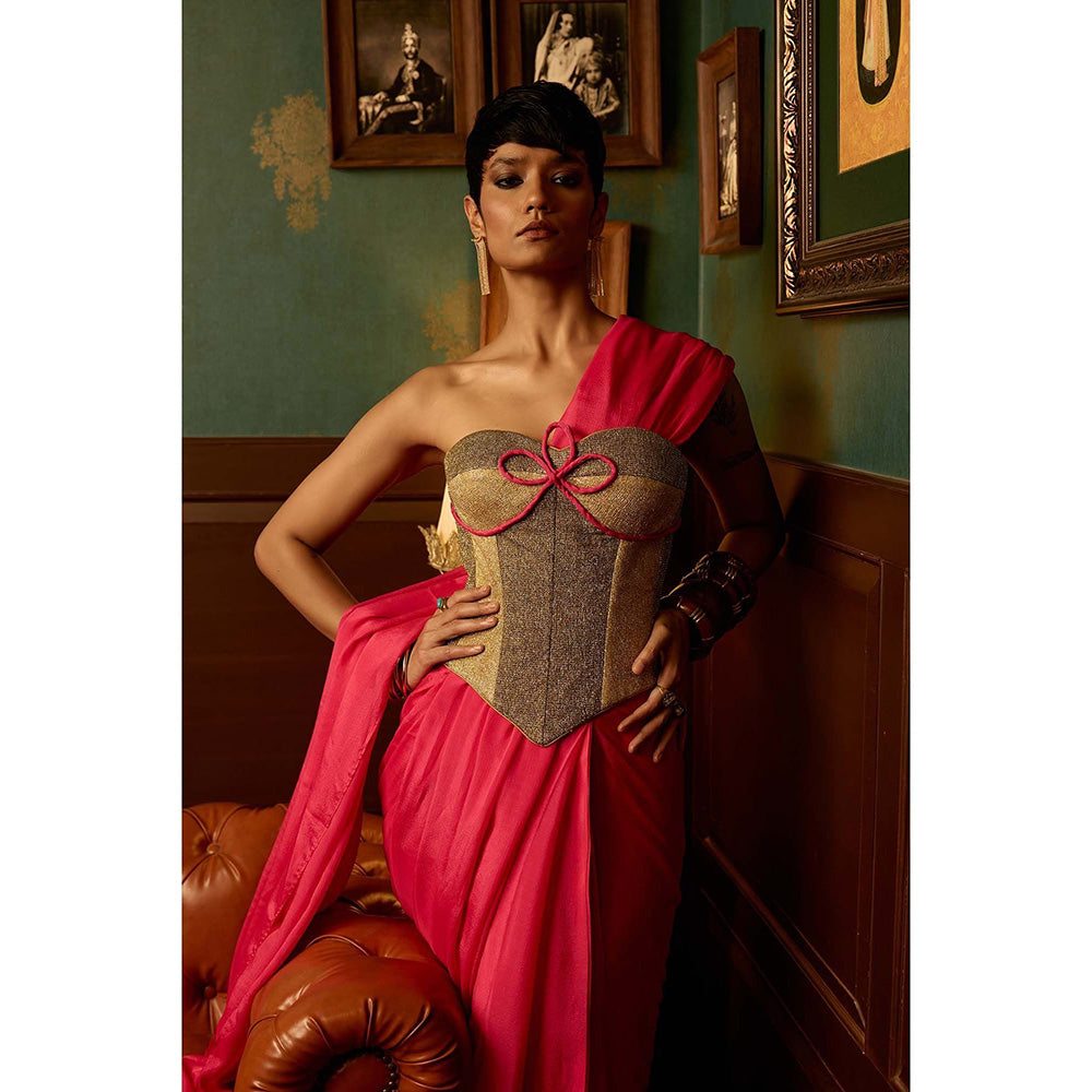 REETI ARNEJA Pink Cosmo Pre-Draped Saree with Stitched Blouse