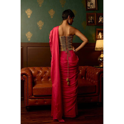 REETI ARNEJA Pink Cosmo Pre-Draped Saree with Stitched Blouse