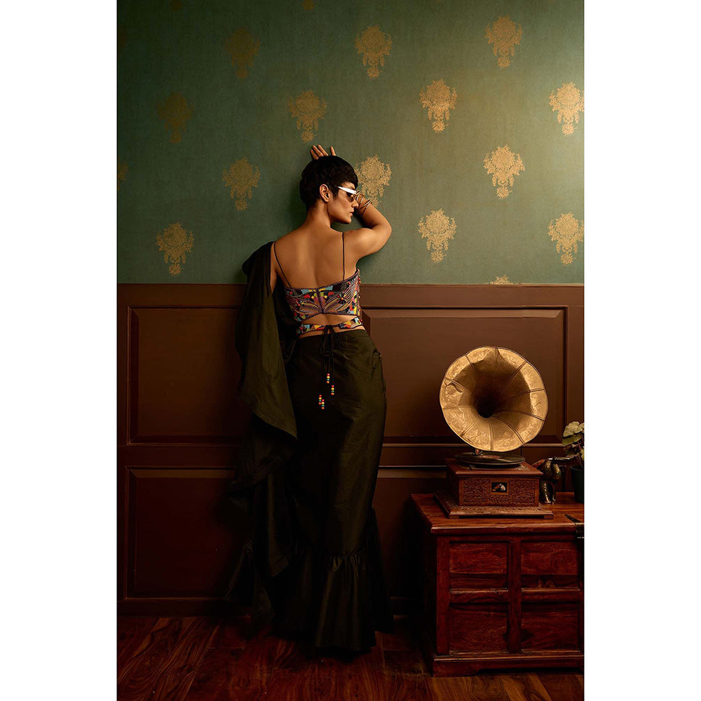 REETI ARNEJA Olive Mystique Blouse with Skirt, Dupatta and Belt (Set of 4)