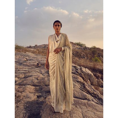 RENASCI Women Drift Gold Saree with Stitched Blouse