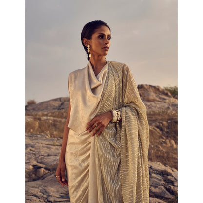 RENASCI Women Drift Gold Saree with Stitched Blouse
