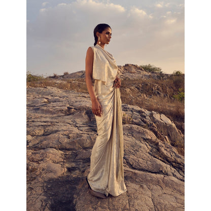 RENASCI Women Drift Gold Saree with Stitched Blouse