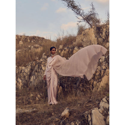 RENASCI Women Drift Pink Saree with Stitched Blouse