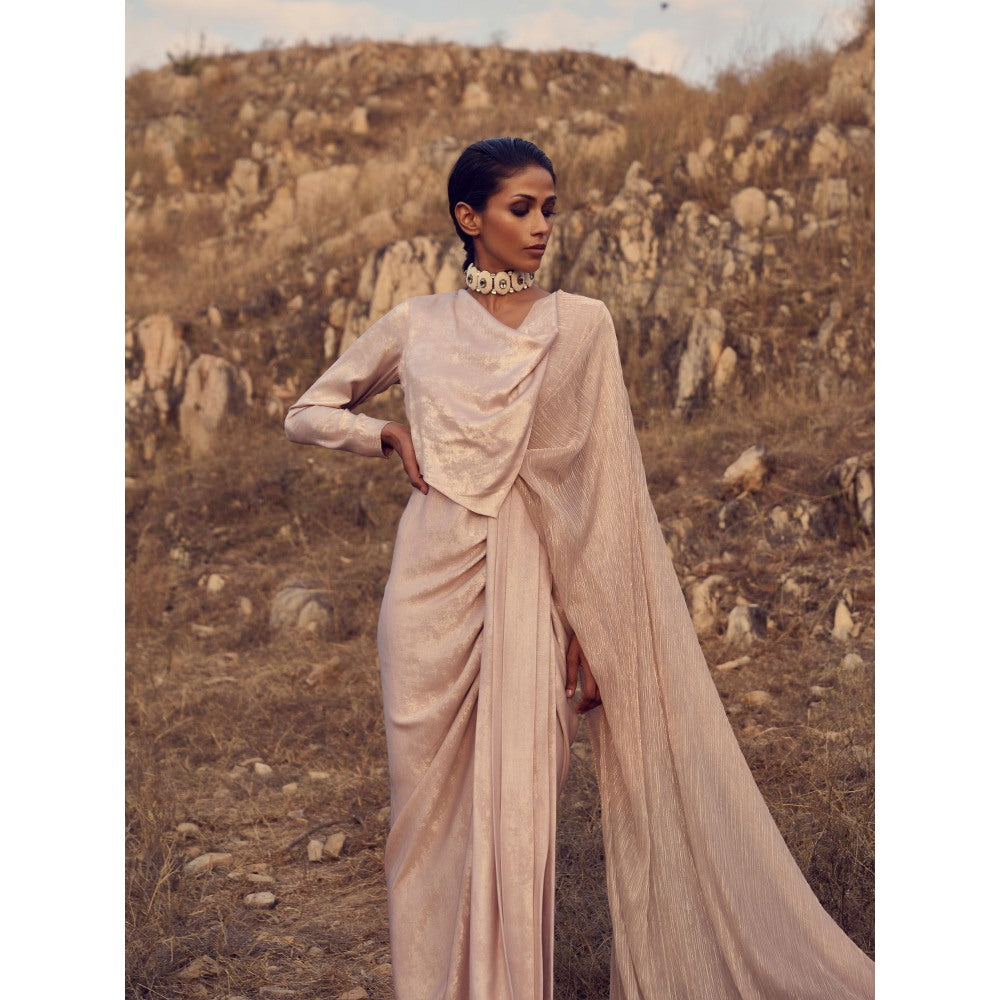 RENASCI Women Drift Pink Saree with Stitched Blouse