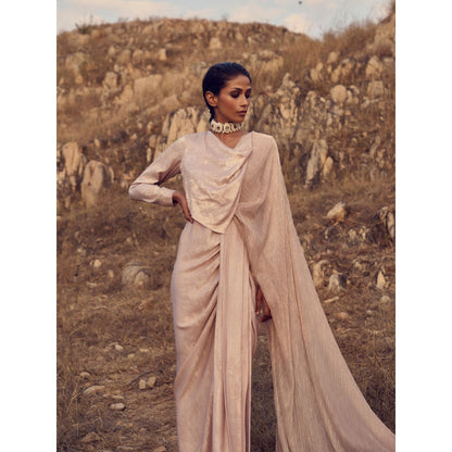 RENASCI Women Drift Pink Saree with Stitched Blouse