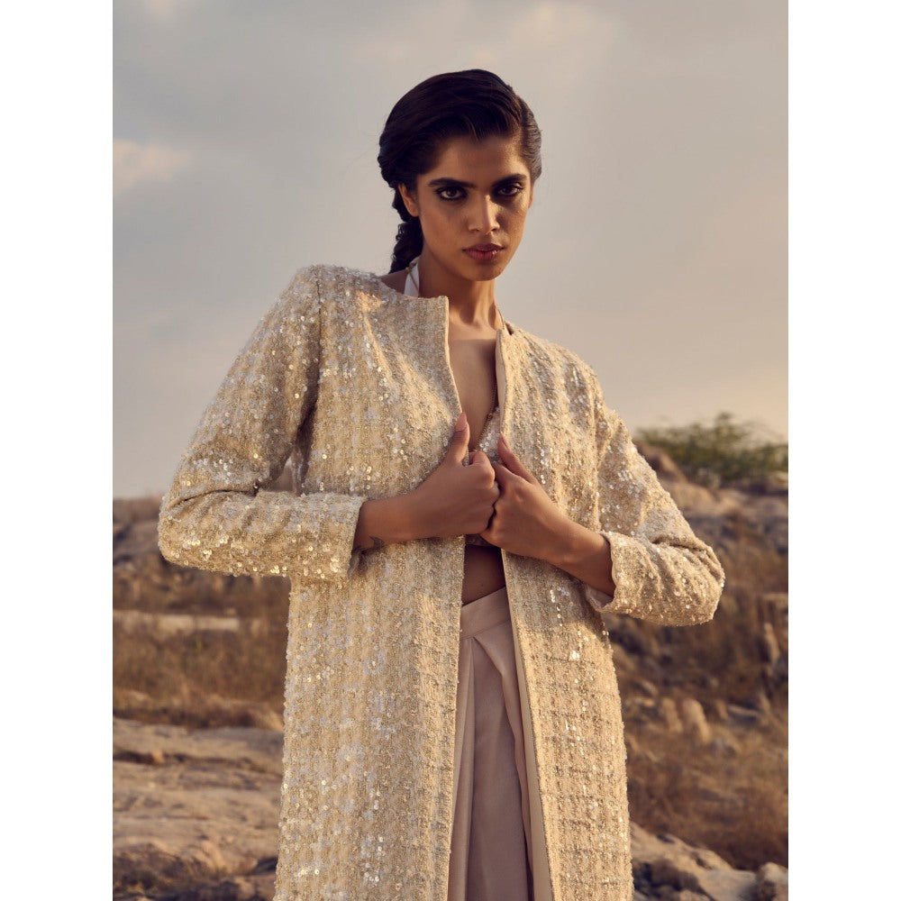 RENASCI Women Tweed Trench Beige Jacket with Bralette and Pant (Set of 3)