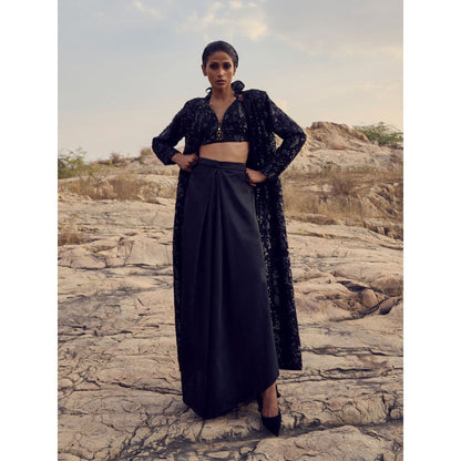 RENASCI Women Tweed Trench Black Jacket with Bralette and Pant (Set of 3)