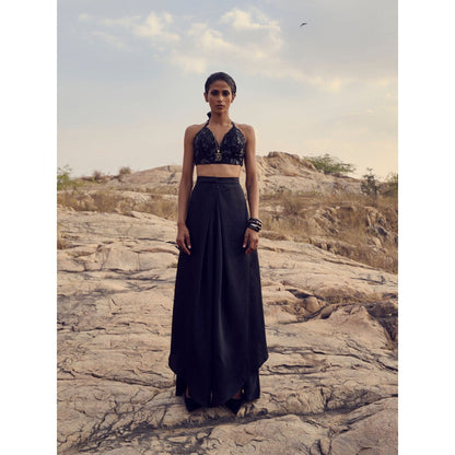 RENASCI Women Tweed Trench Black Jacket with Bralette and Pant (Set of 3)