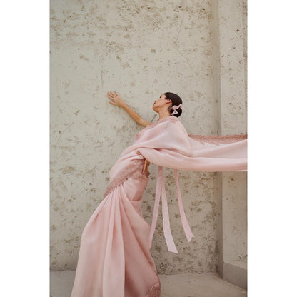 RENASCI Pink Amara Saree with Stitched Blouse