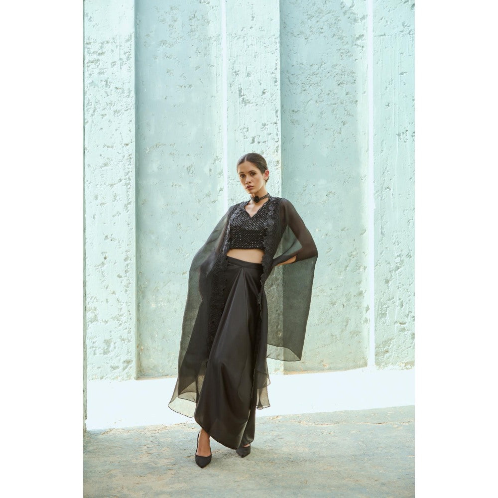 RENASCI Black Embellished/Sequined Keera Cape with Skirt and Crop Top (Set of 3)