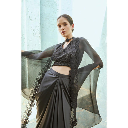 RENASCI Black Embellished/Sequined Keera Cape with Skirt and Crop Top (Set of 3)