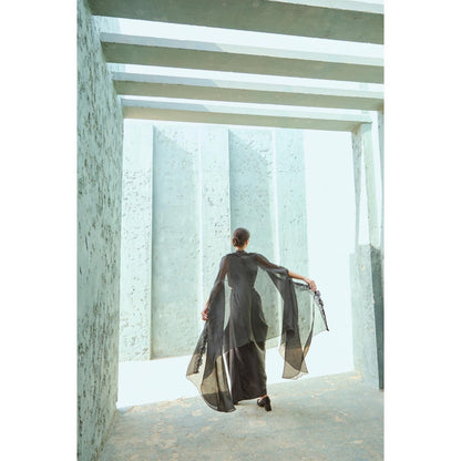 RENASCI Black Embellished/Sequined Keera Cape with Skirt and Crop Top (Set of 3)