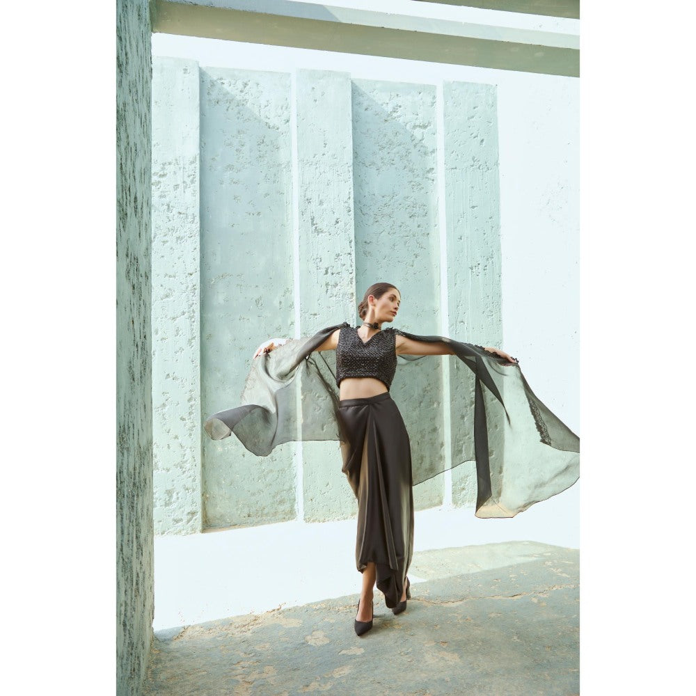 RENASCI Black Embellished/Sequined Keera Cape with Skirt and Crop Top (Set of 3)