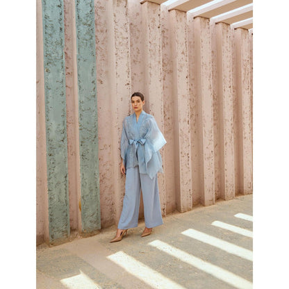 RENASCI Blue Embroidered Amara Cape Sleeve Top