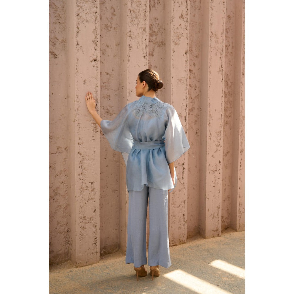 RENASCI Blue Embroidered Amara Cape Sleeve Top