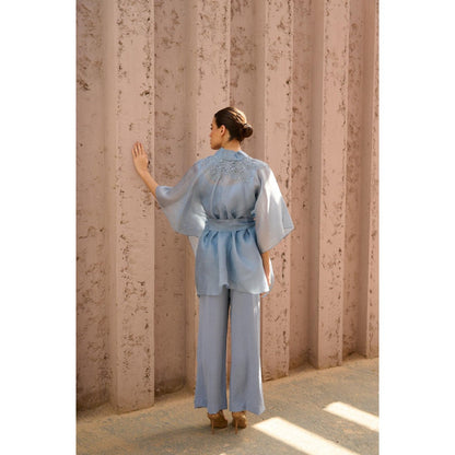 RENASCI Blue Embroidered Amara Cape Sleeve Top