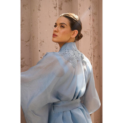 RENASCI Blue Embroidered Amara Cape Sleeve Top