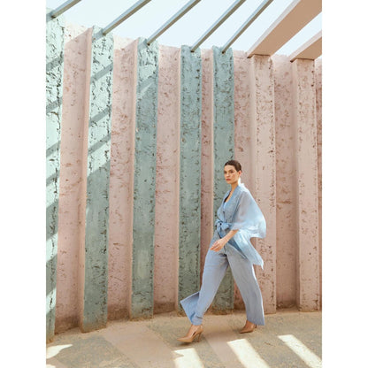 RENASCI Blue Embroidered Amara Cape Sleeve Top