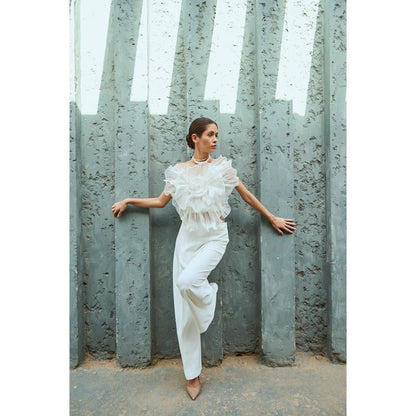 RENASCI White Self Design Camellia Top