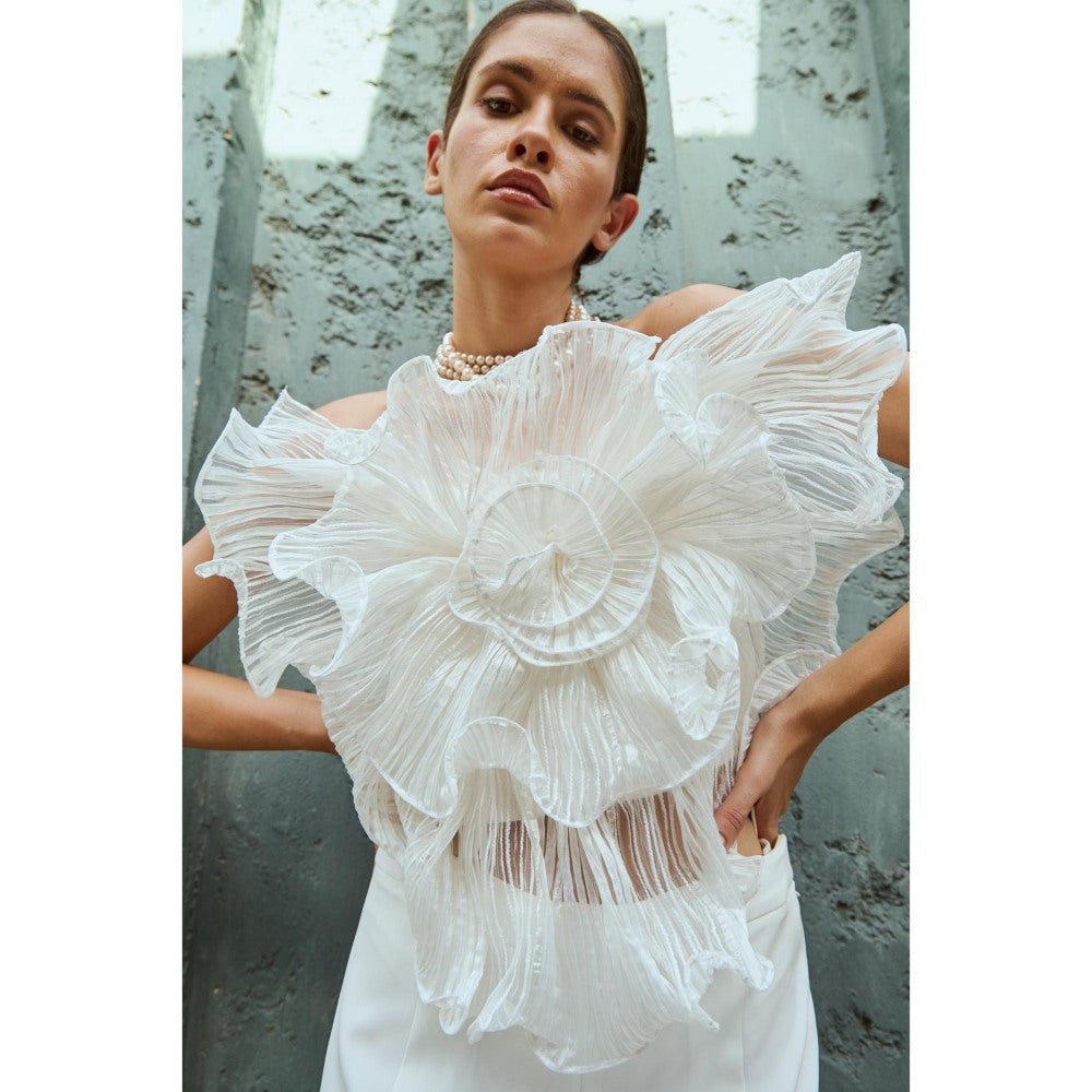 RENASCI White Self Design Camellia Top
