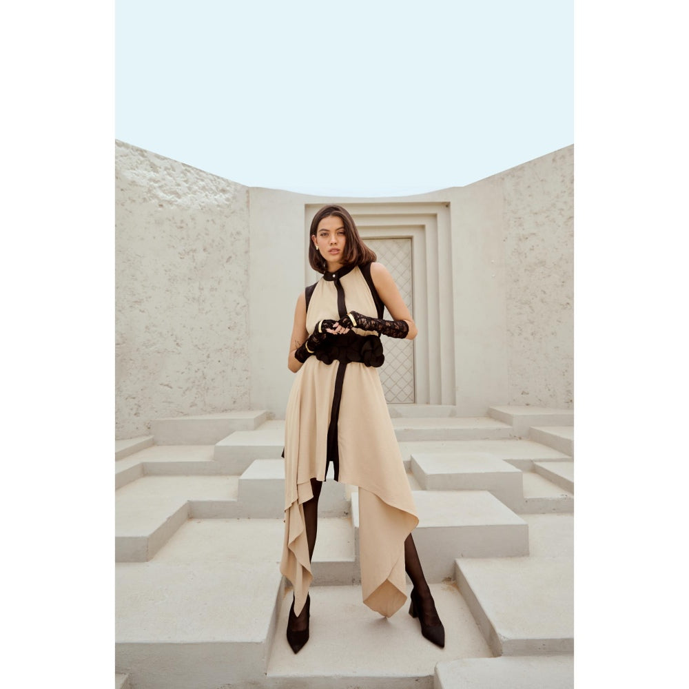 RENASCI Black Solid/Plain Surface Knee Length Dress with Belt (Set of 2)