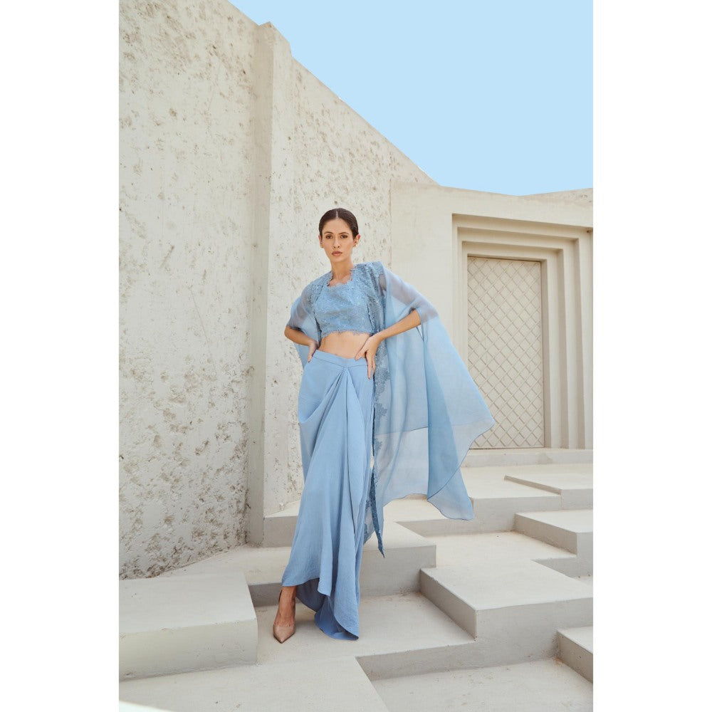 RENASCI Blue Embroidered Amara Cape with Skirt and Crop Top (Set of 3)