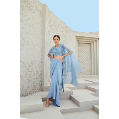 RENASCI Blue Embroidered Amara Cape with Skirt and Crop Top (Set of 3)
