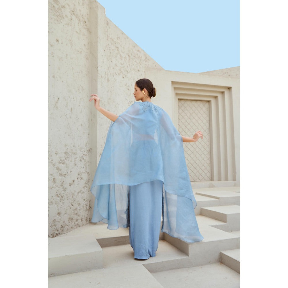 RENASCI Blue Embroidered Amara Cape with Skirt and Crop Top (Set of 3)