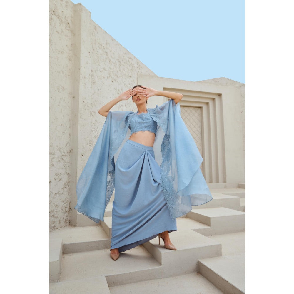 RENASCI Blue Embroidered Amara Cape with Skirt and Crop Top (Set of 3)