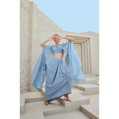 RENASCI Blue Embroidered Amara Cape with Skirt and Crop Top (Set of 3)