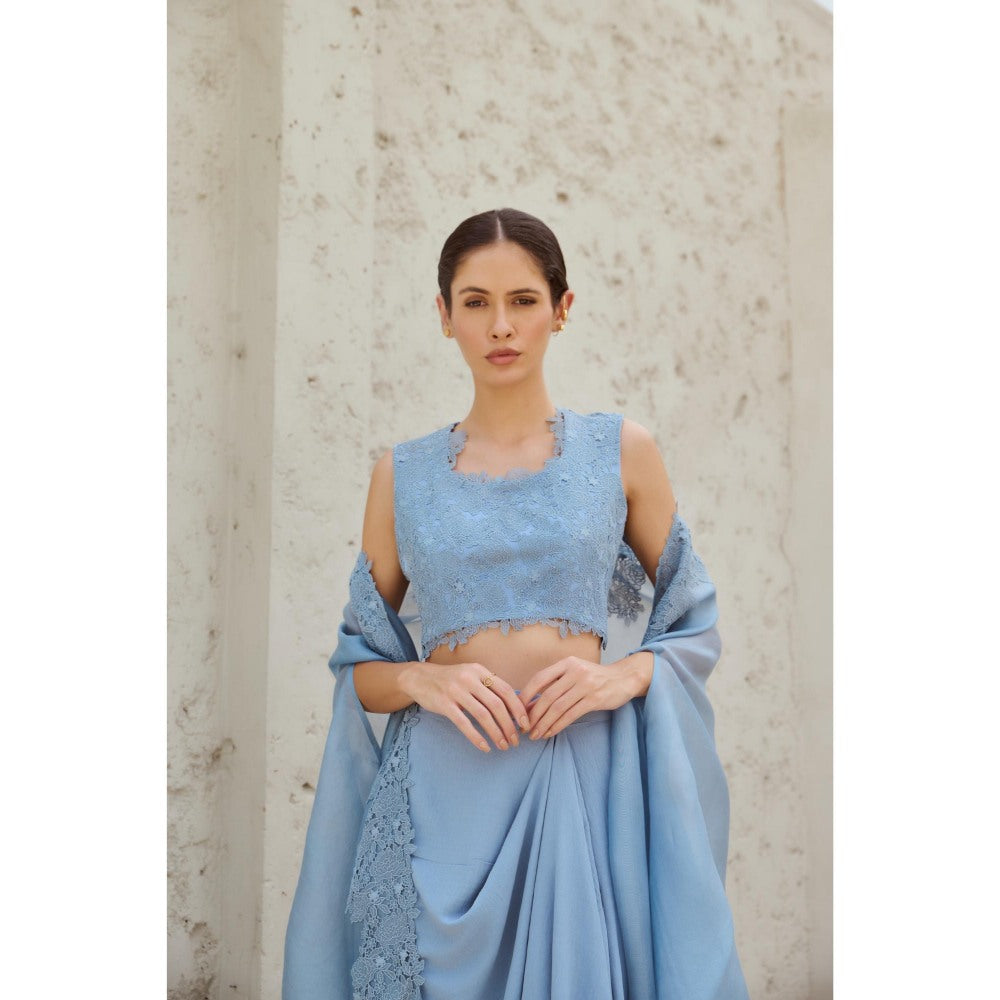 RENASCI Blue Embroidered Amara Cape with Skirt and Crop Top (Set of 3)