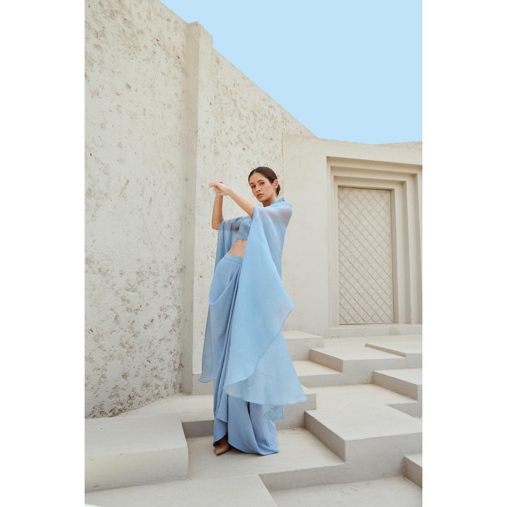 RENASCI Blue Embroidered Amara Cape with Skirt and Crop Top (Set of 3)